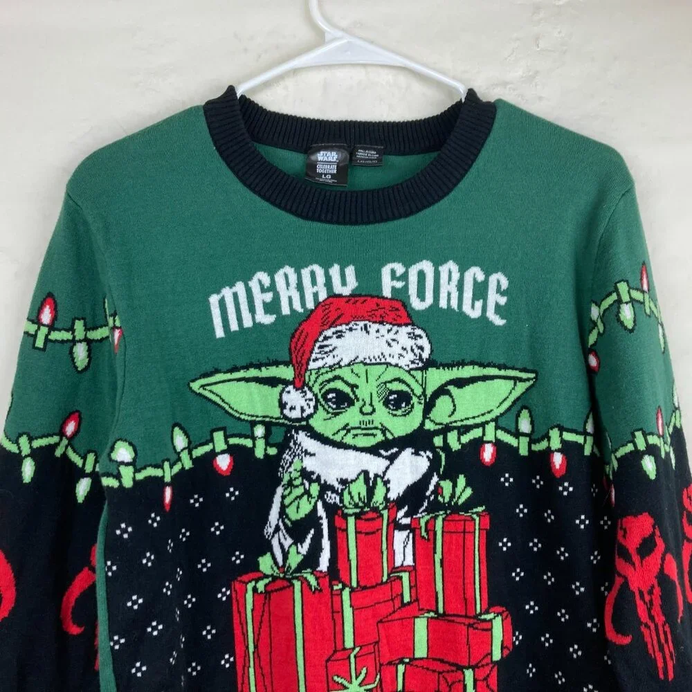 Star Wars Christmas Sweater Mens Sz M/ L The Mandalorian Yoda Green‎ Holiday